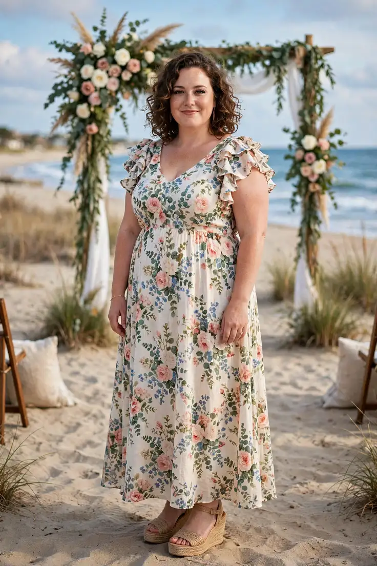 Floral Maxi with Ruffle Sleeves and Wedges plus size wedding guest outfit
