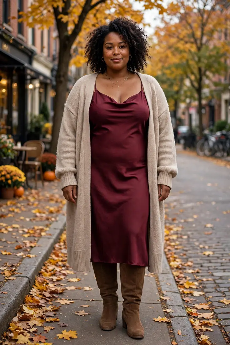 Oversized Cardigan Slip Dress Knee-High Boots plus size fall outfit