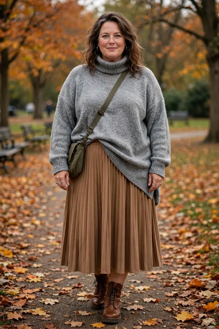 Oversized Turtleneck with Pleated Midi Skirt plus size sweater outfit