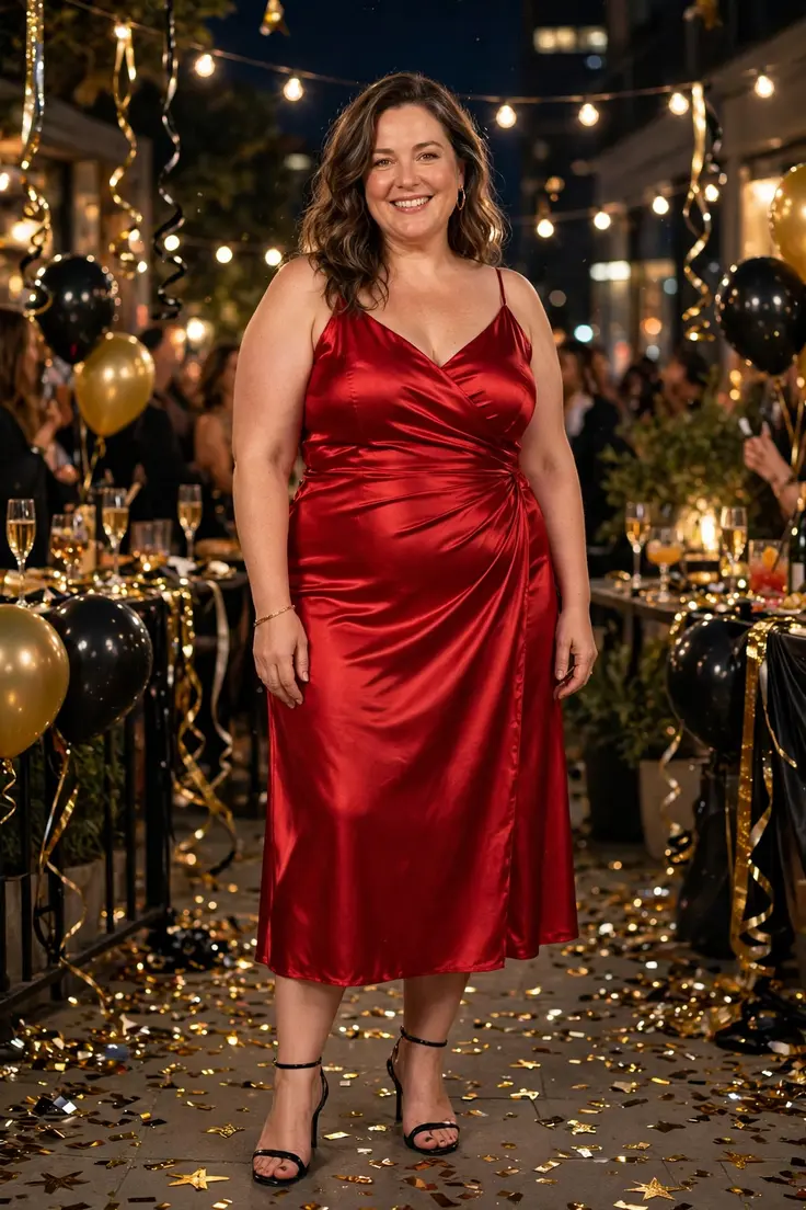 Red Satin Midi Dress with Black Heels plus size NYE outfit