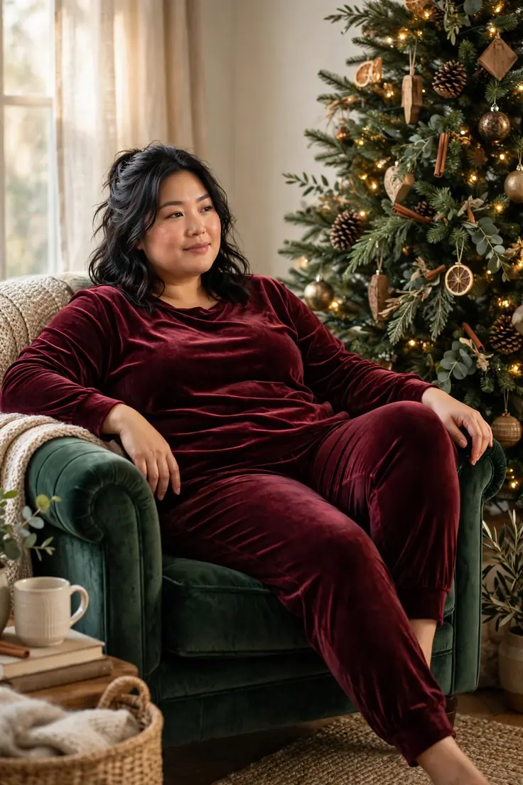 Velvet jogger set for a luxe feel plus size christmas morning outfit