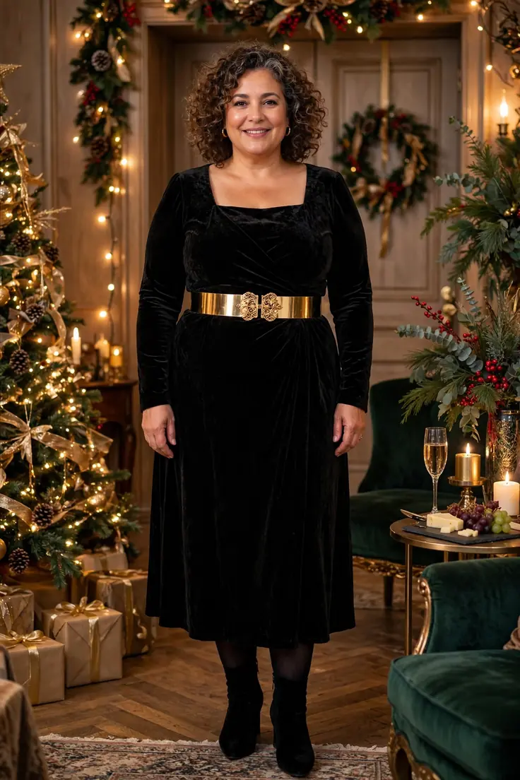 Black Velvet Midi Dress with Gold Belt plus size holiday party outfit