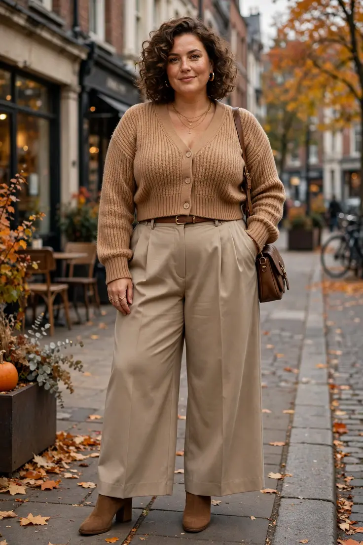 Cropped Cardigan with High-Waisted Wide-Leg Trousers plus size sweater outfit