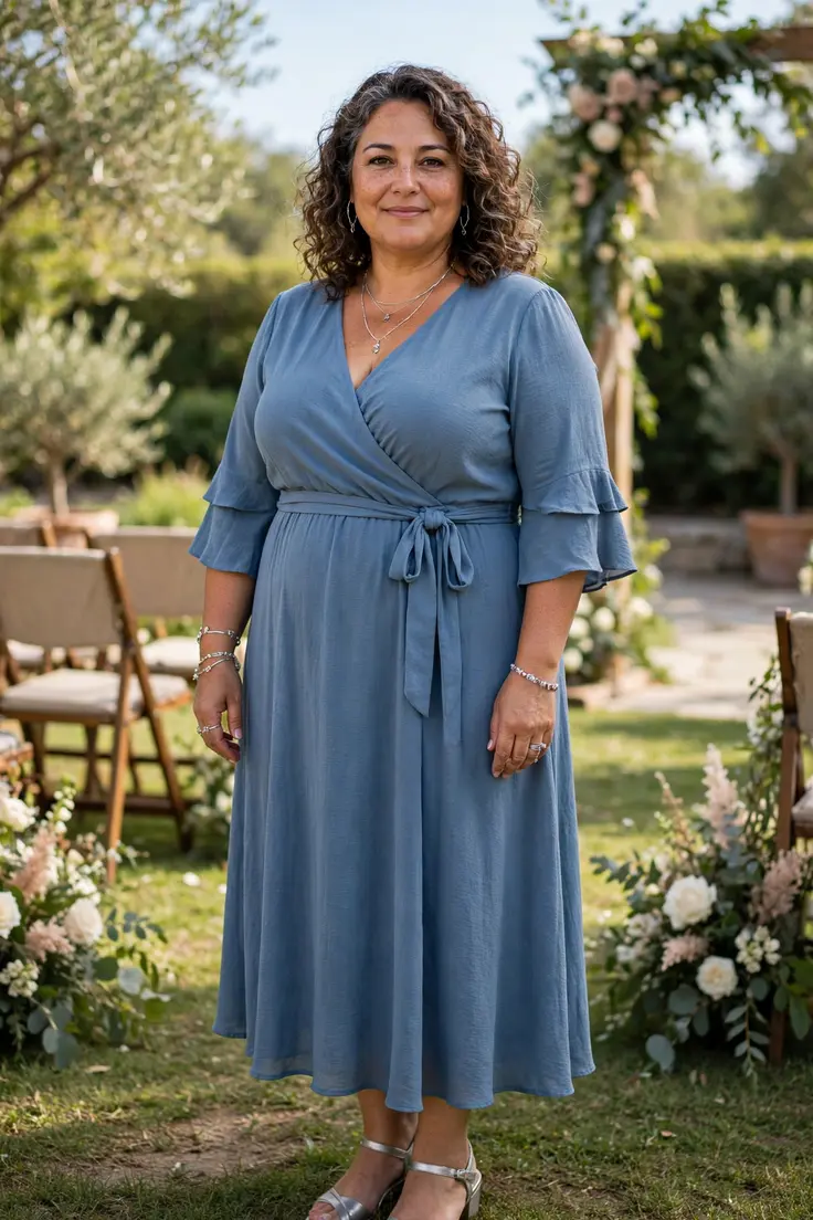 Dusty Blue Wrap Dress with Silver Jewelry plus size wedding guest outfit