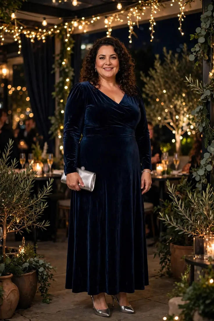 Midnight Blue Velvet Dress with Silver Clutch plus size NYE outfit