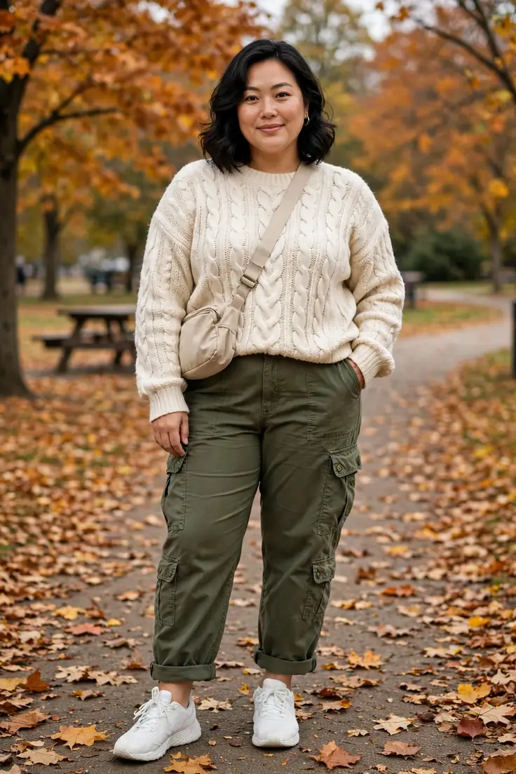 Olive Green Cargo Pants Cream Cable-Knit Sweater plus size fall layering outfit