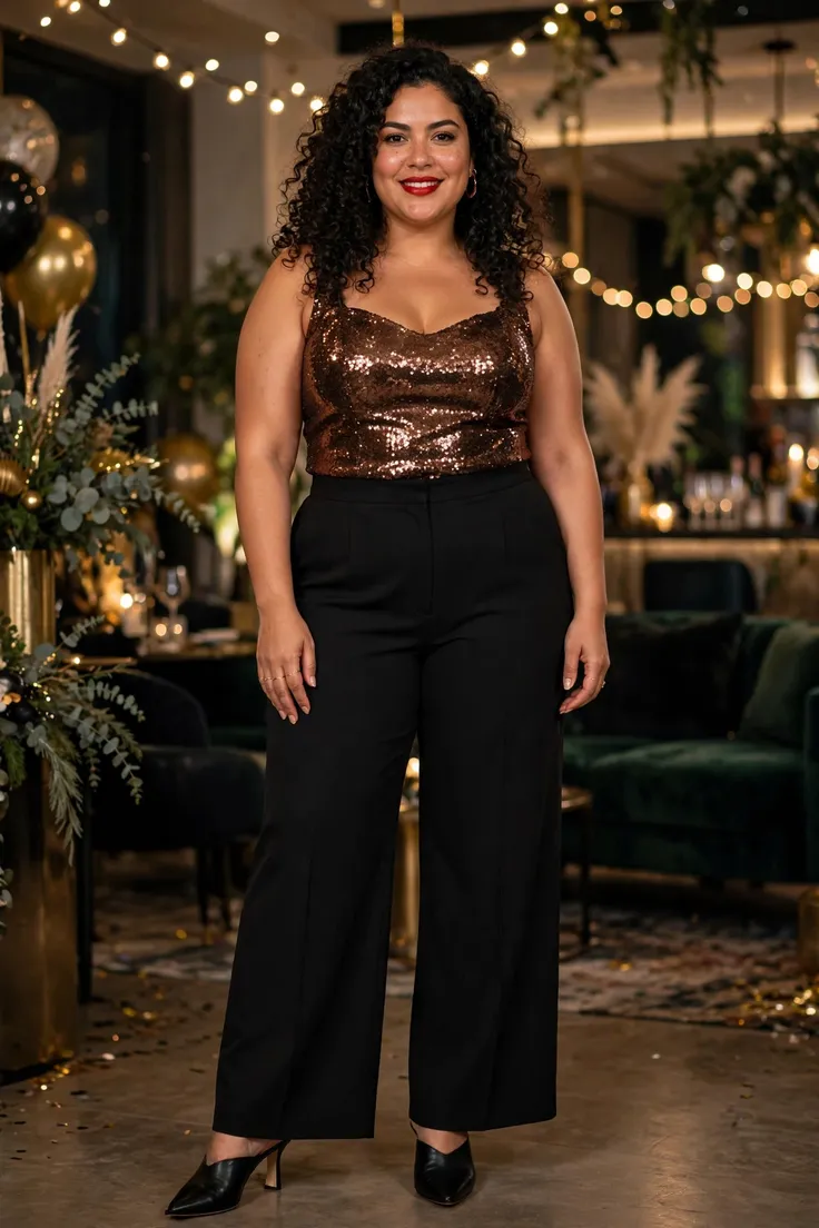 Bronze Sequin Top with Black Wide-Leg Trousers plus size NYE outfit