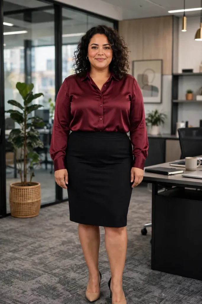 Burgundy Blouse with Black Pencil Skirt plus size work outfit