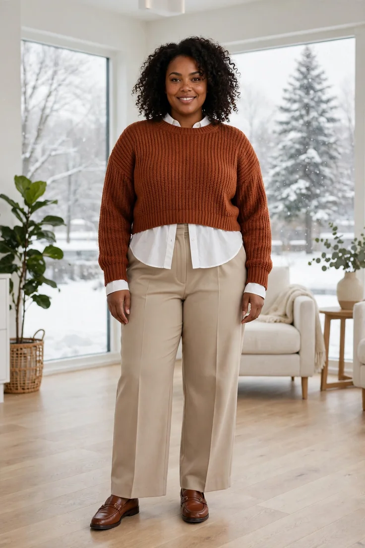 Cropped sweater over a longer shirt with wide leg pants plus size winter layering outfit