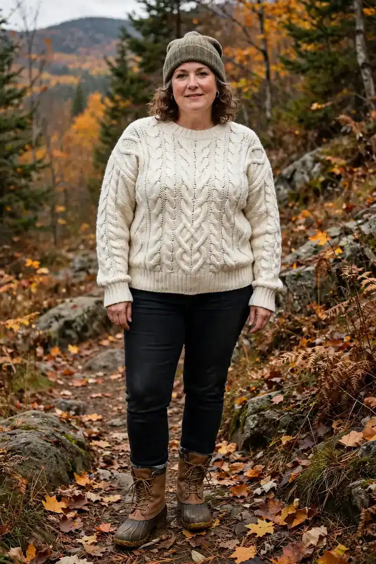 Fisherman Sweater with Slim Jeans and Duck Boots plus size sweater outfit