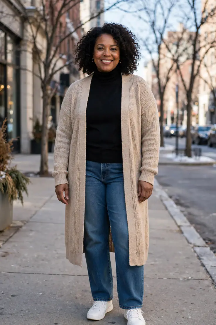 Longline Cardigan with Turtleneck and Straight-Leg Jeans plus size winter outfit