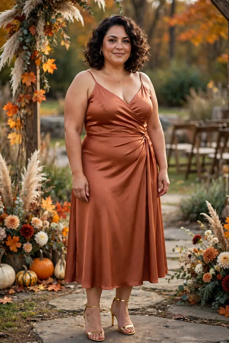 Terracotta Satin Midi with Gold Heels plus size wedding guest outfit