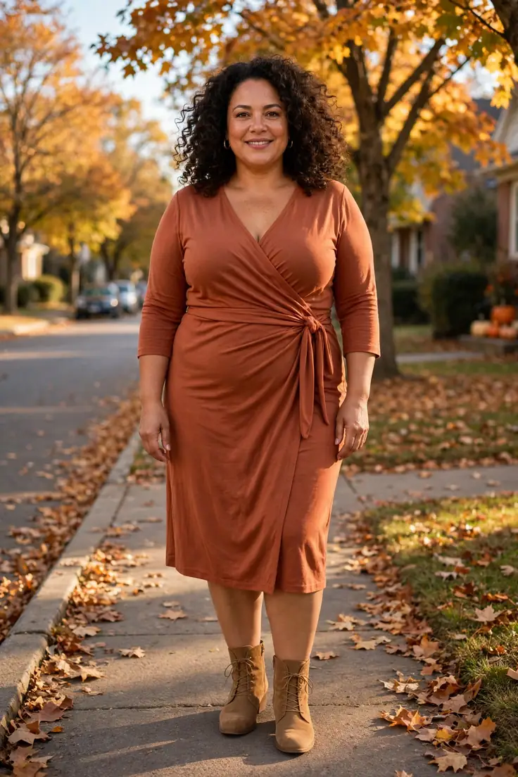 Terracotta Wrap Dress Tan Ankle Boots plus size fall outfit