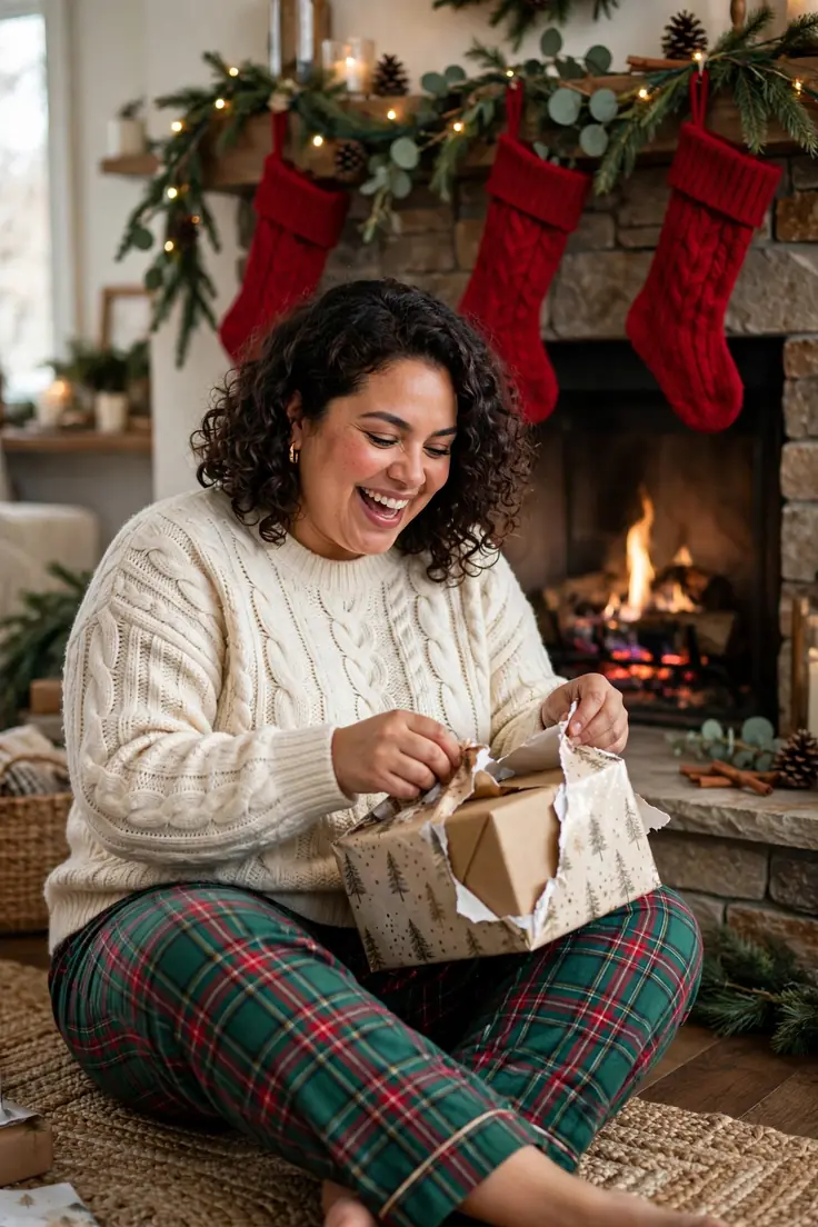 Cable knit sweater with plaid pajama pants plus size christmas morning outfit