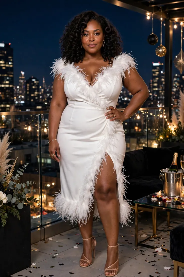 White Faux-Feather Dress with Nude Heels plus size NYE outfit