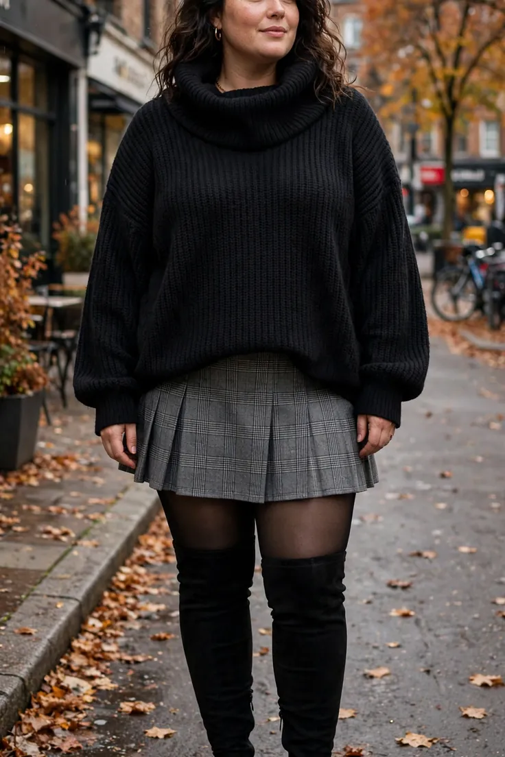 Gray Plaid Mini Black Tights Oversized Sweater plus size fall outfit
