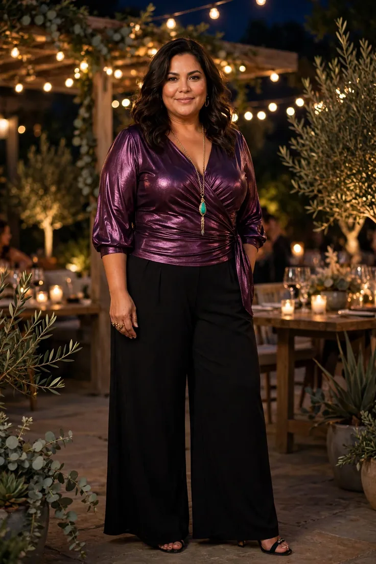 Plum Metallic Wrap Top with Black Palazzo Pants plus size holiday party outfit