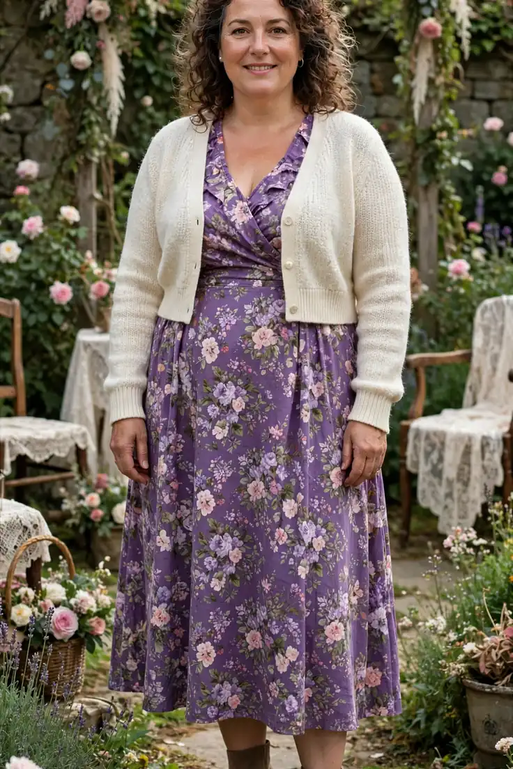 Purple Floral Tea Dress with Cardigan plus size wedding guest outfit