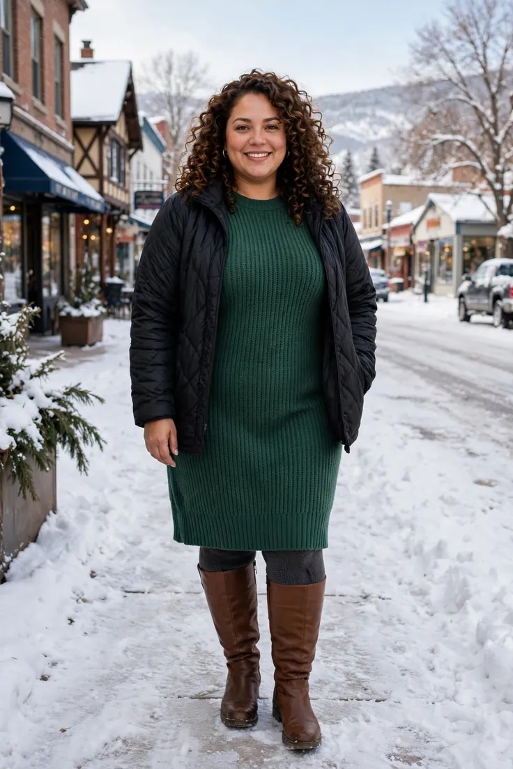 Quilted jacket over a knit dress and boots plus size winter layering outfit