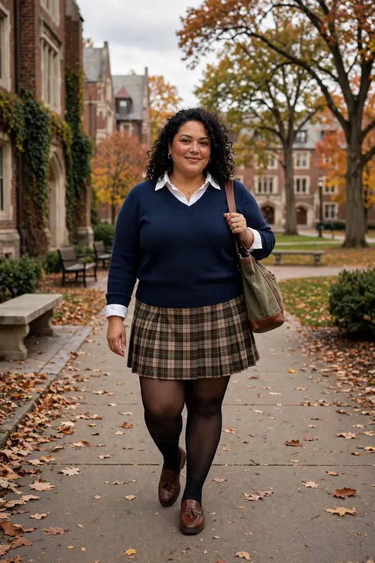 V-Neck Sweater with Collared Shirt and Mini Skirt plus size sweater outfit