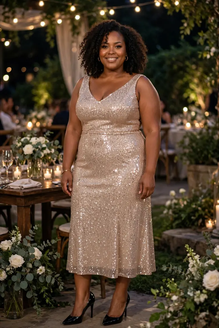 Champagne Sequin Midi with Black Heels plus size wedding guest outfit
