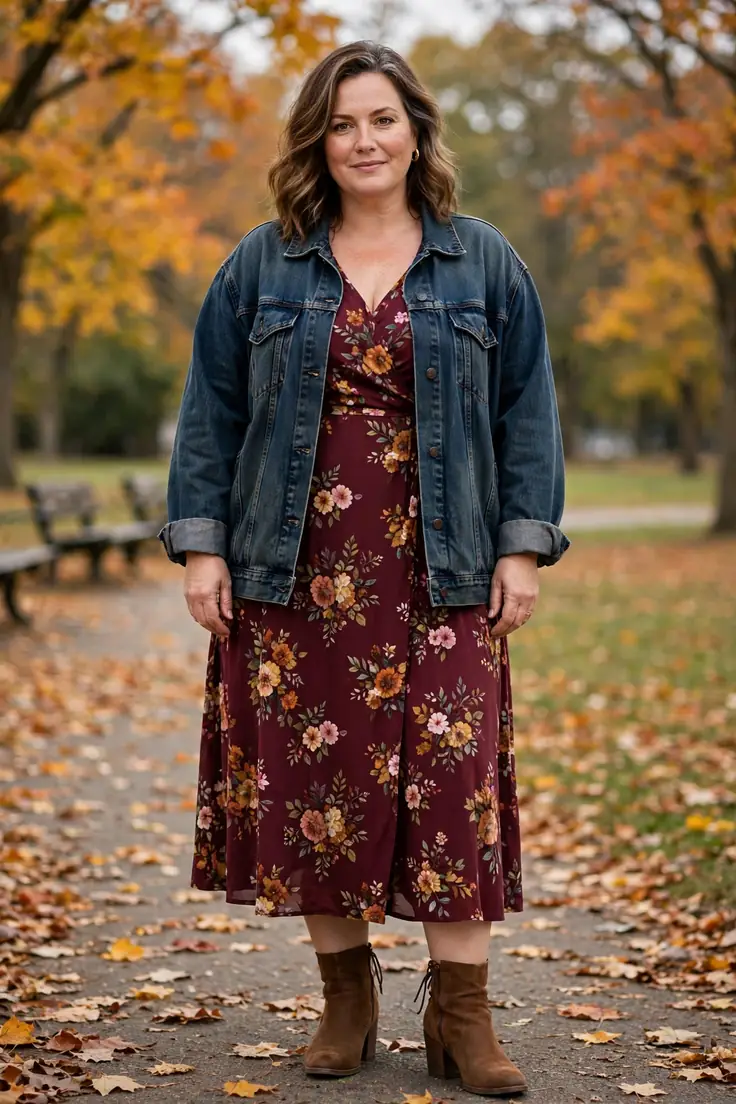 Denim Jacket Floral Midi Dress Brown Boots plus size fall outfit