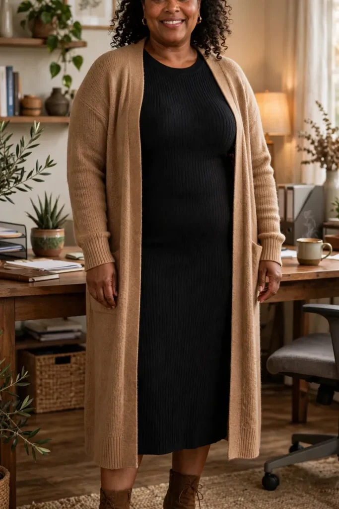 Knit Midi Dress with Long Cardigan plus size work outfit