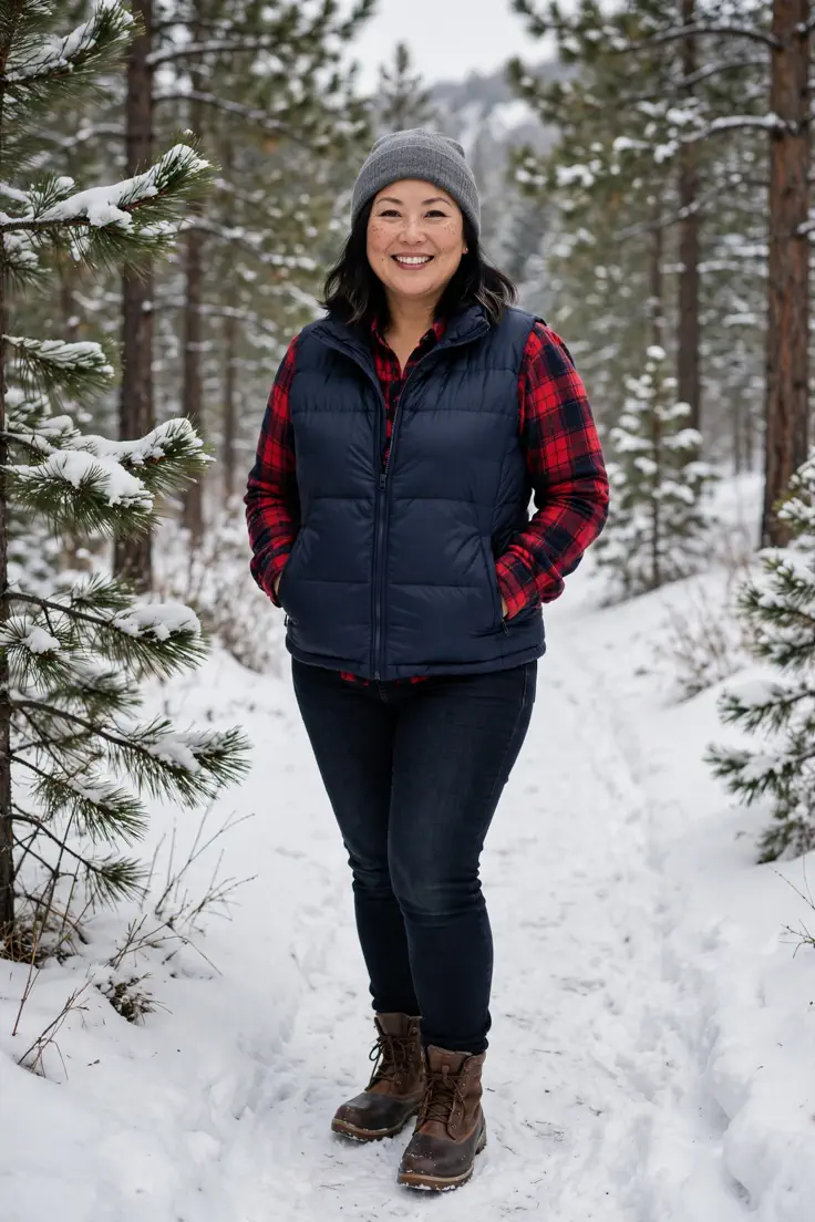 Puffer Vest with Flannel Shirt and Skinny Jeans plus size winter outfit