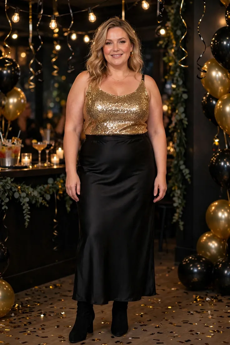 Black Satin Slip Skirt with Gold Sequin Top plus size NYE outfit