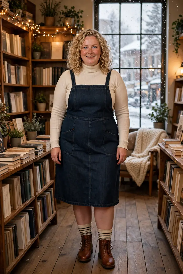 Turtleneck under a pinafore dress plus size winter layering outfit