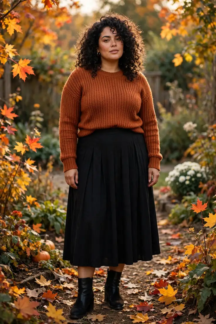 Black midi skirt plus size fall basic