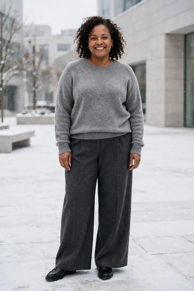 Cashmere Sweater with Wool Trousers and Loafers plus size winter outfit