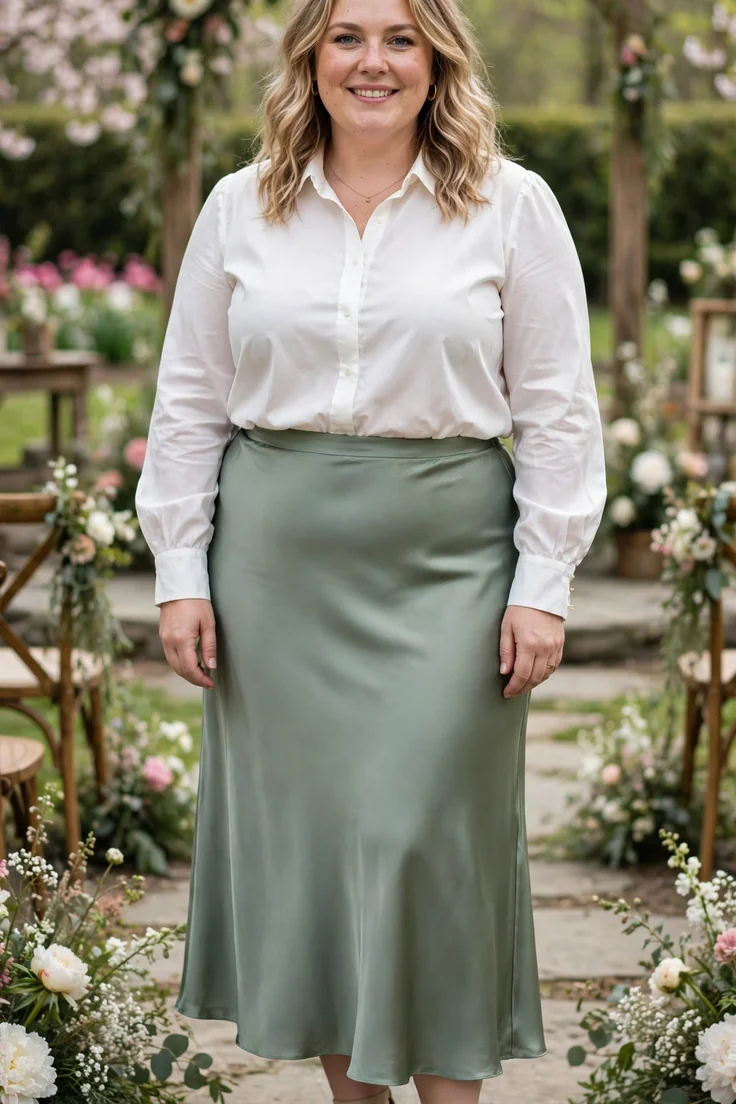 Sage Green Slip Skirt with Ivory Blouse plus size wedding guest outfit