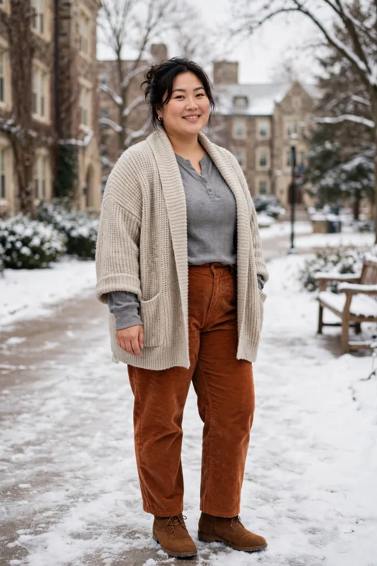 Shawl collar cardigan over a thermal and corduroys plus size winter layering outfit