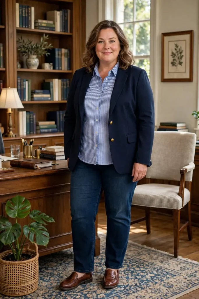 Striped Shirt with Navy Blazer and Jeans plus size work outfit