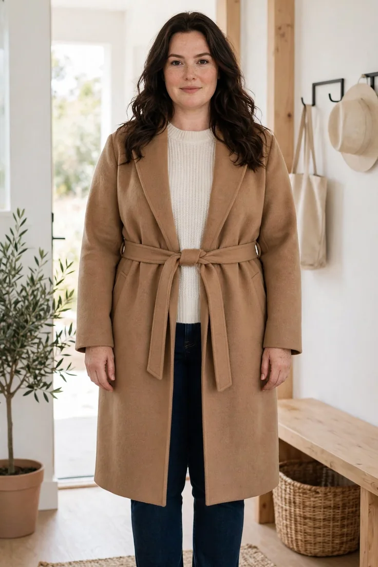 Camel wool coat plus size capsule wardrobe essential