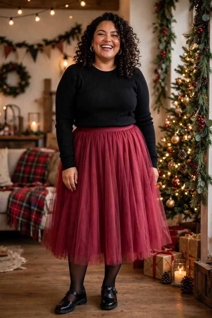 Cranberry Tulle Skirt with Black Fitted Sweater plus size holiday party outfit