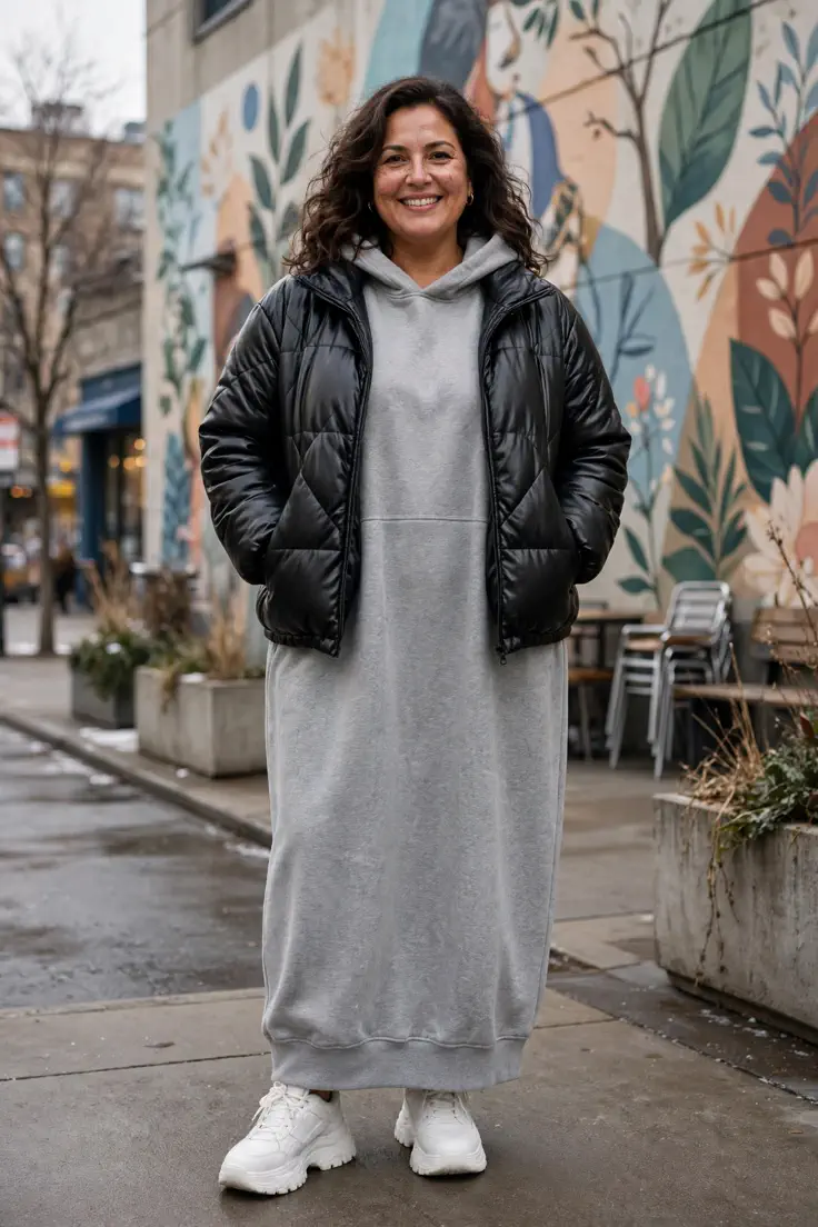Faux Leather Puffer with Hoodie Dress and Sneakers plus size winter outfit