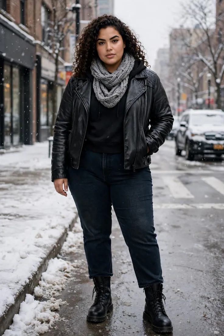 Leather jacket over a hoodie plus size winter layering outfit