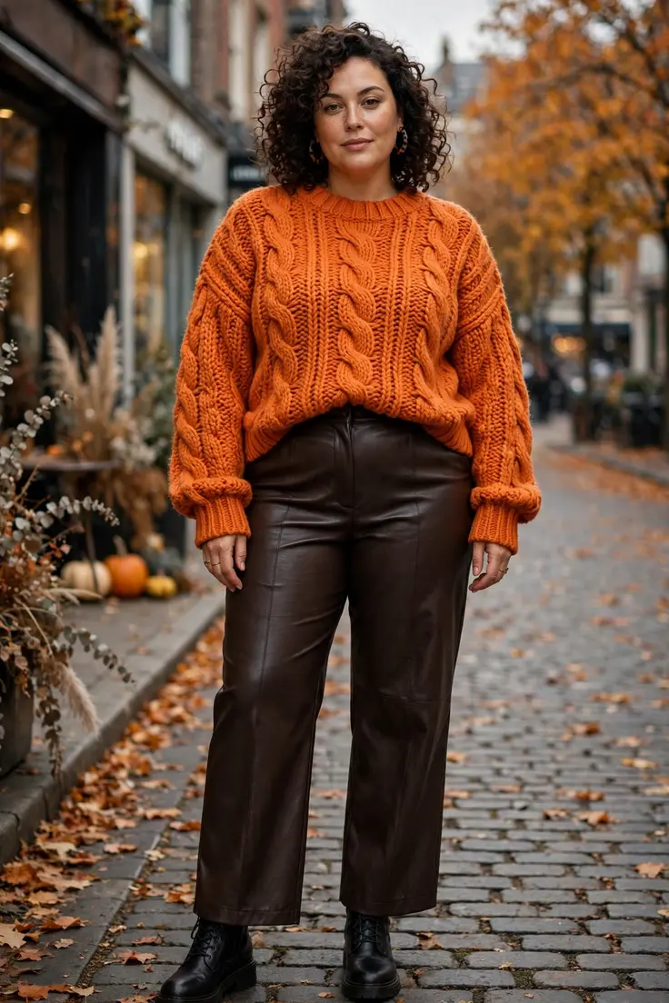 Pumpkin Orange Sweater Dark Brown Leather-Look Trousers plus size fall outfit