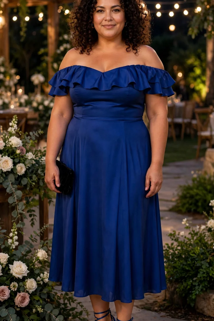Royal Blue Off-Shoulder Dress with Strappy Heels plus size wedding guest outfit