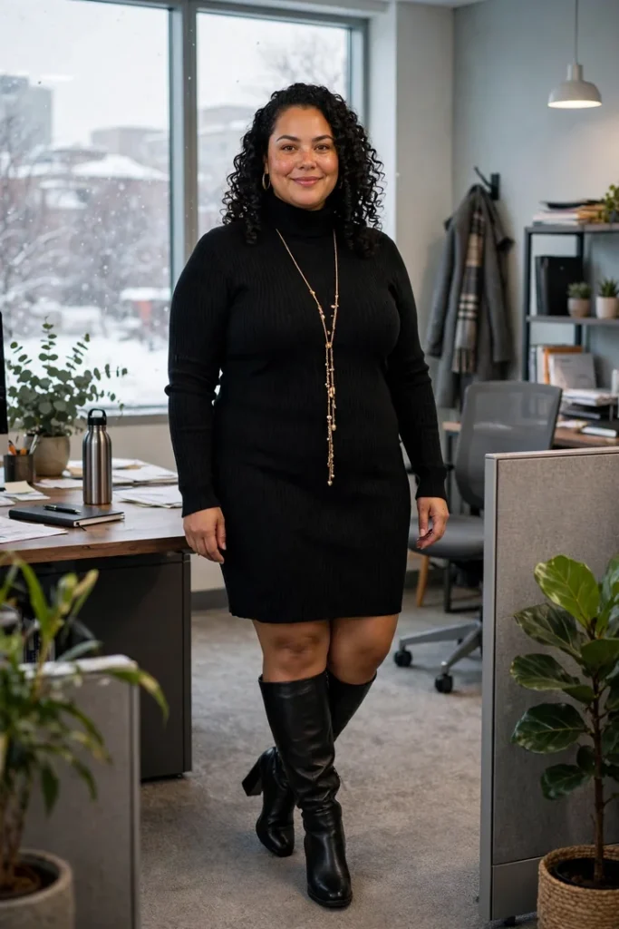 Black Turtleneck Dress with Knee-High Boots plus size work outfit