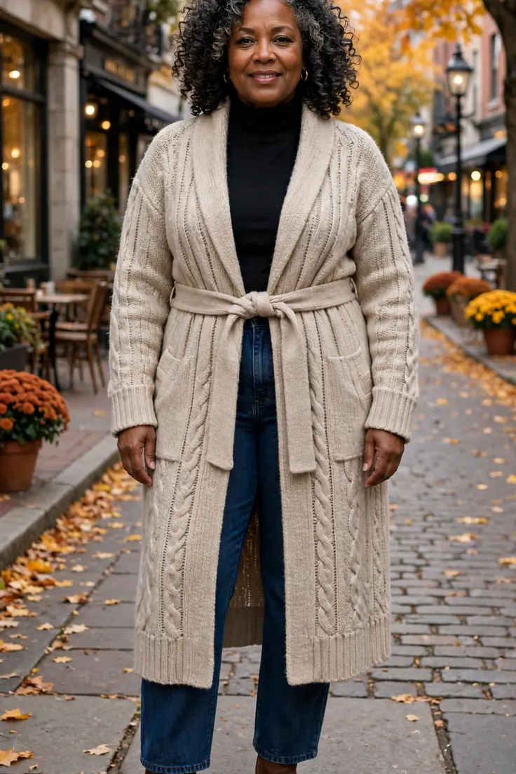 Belted Sweater Coat with Turtleneck and Jeans plus size sweater outfit