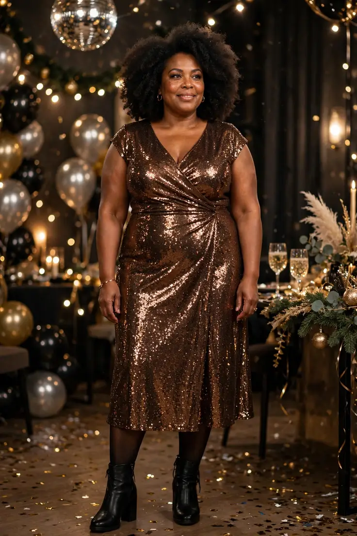 Bronze Sequin Dress with Black Tights plus size holiday party outfit
