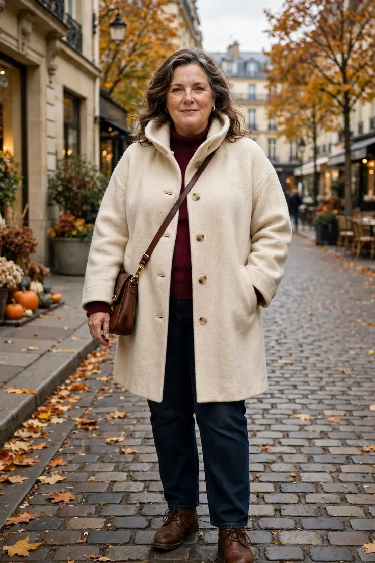 Cream Funnel-Neck Coat Burgundy Sweater Jeans plus size fall outfit
