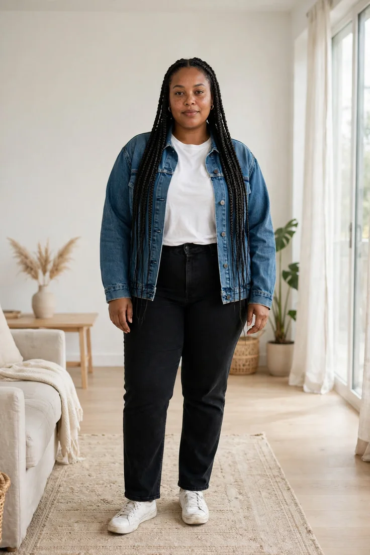 Denim jacket plus size capsule wardrobe essential
