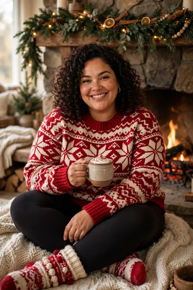 Fair Isle sweater with cozy socks plus size christmas morning outfit