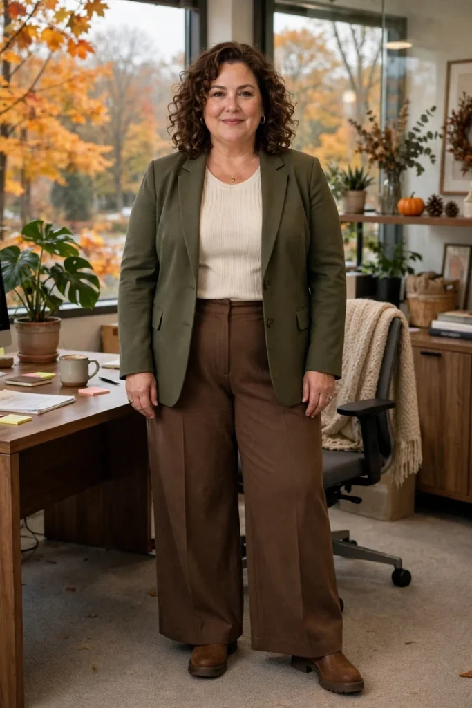 Olive Blazer with Cream Top and Brown Trousers plus size work outfit