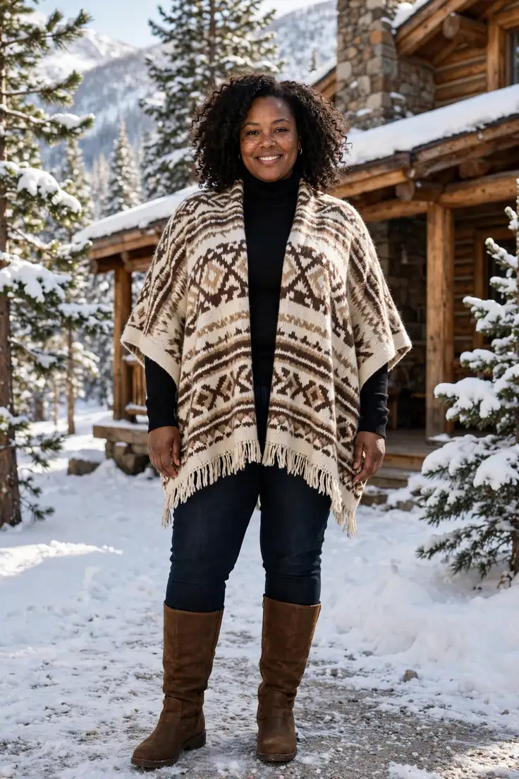 Poncho over a turtleneck and skinny jeans plus size winter layering outfit