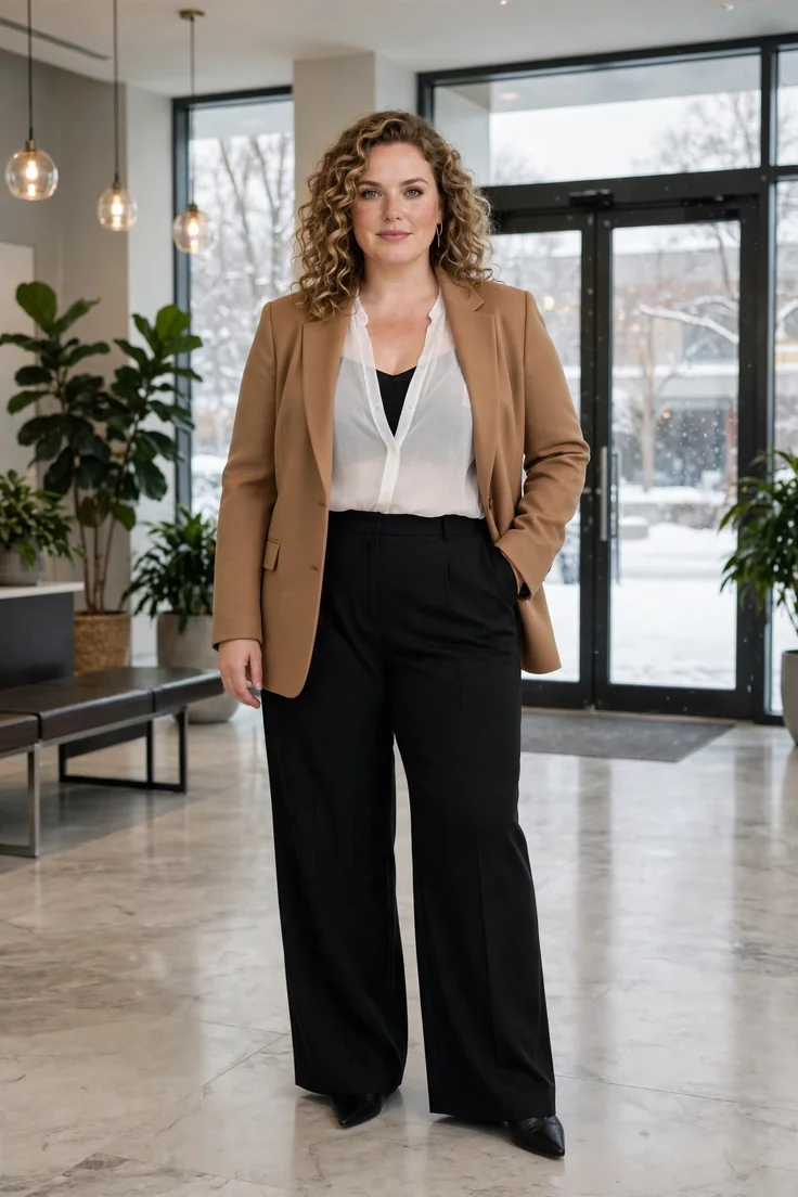 Cami under a sheer blouse under a blazer plus size winter layering outfit